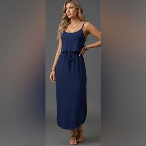 Ribbed Sleeveless Split Hem Drawstring Dress Blue